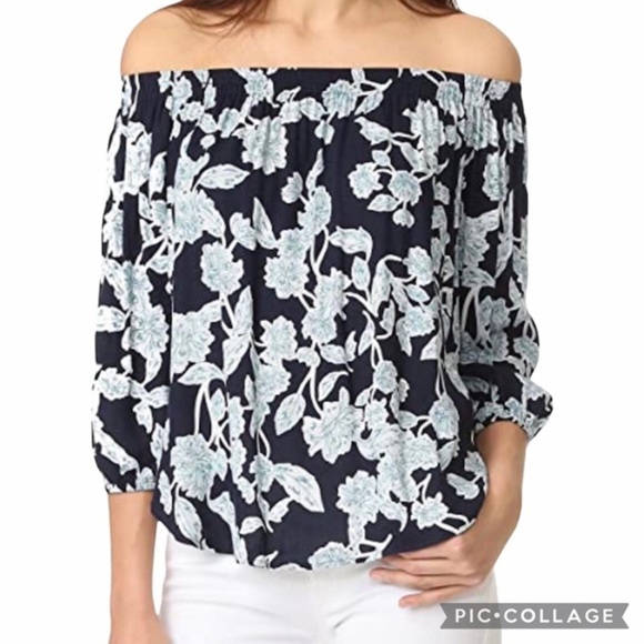 Splendid Top Off the Shoulder Navy Blue Mint Floral Floral S Garden Boho Chic - Picture 3 of 17